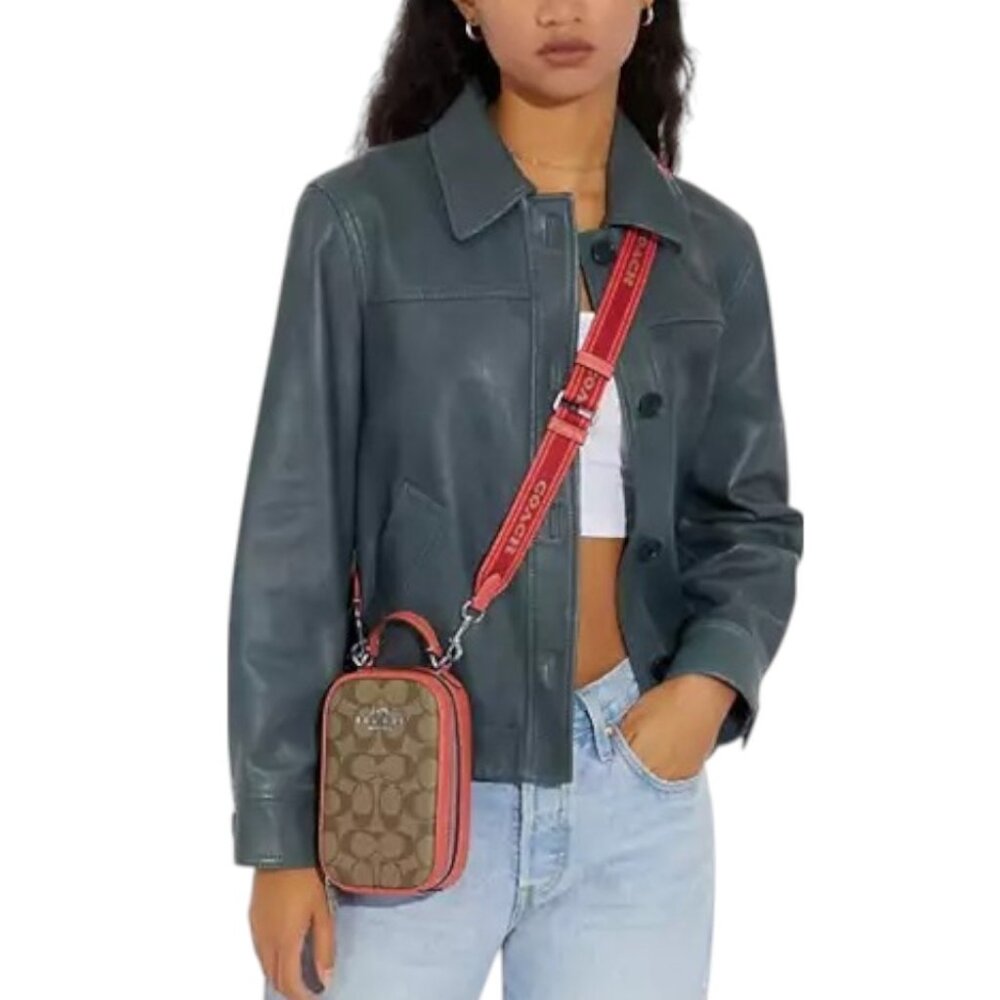 💰SALE💰 NWOT Eva Phone Crossbody in Signature Canvas - Silver/Khaki/Tangerine - Picture 12 of 13